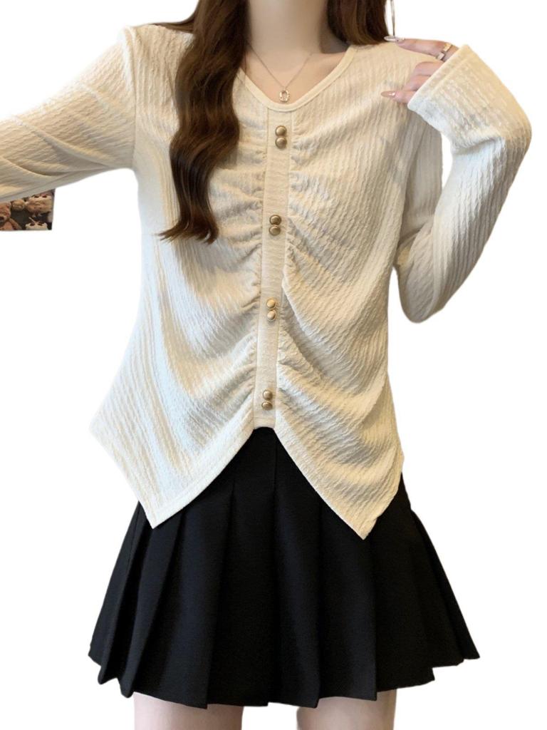 Women's Plus Size Irregular V-Neck Long Sleeve Knit Top - Slimming Slit Design for Spring and Autumn 2026