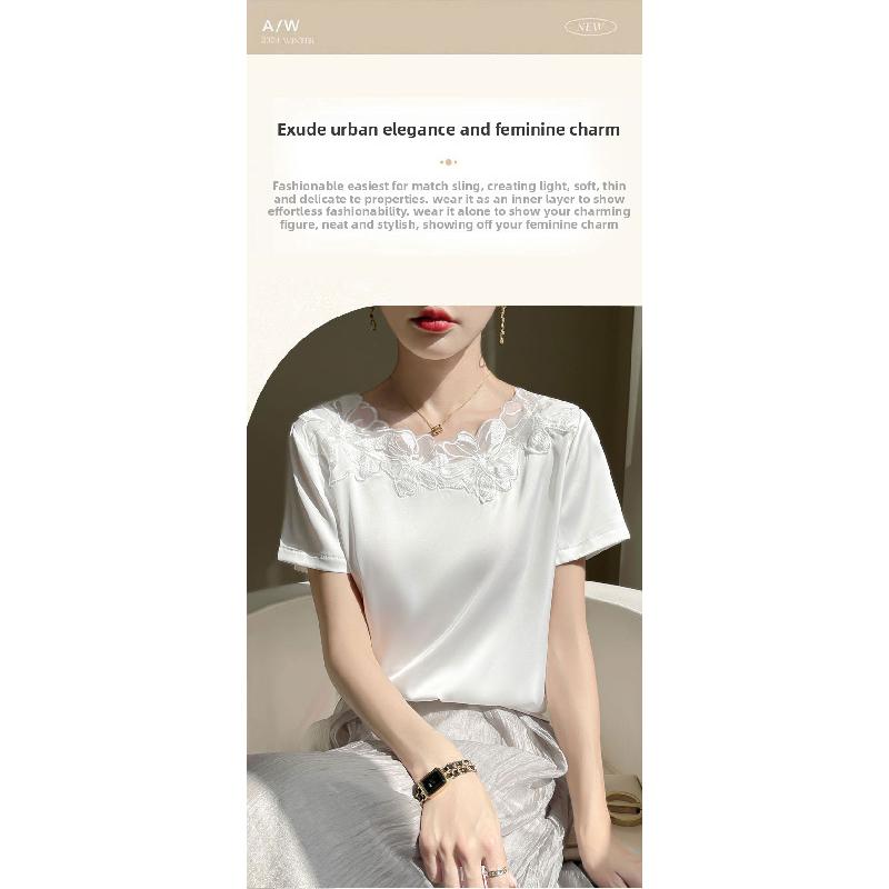 Summer new floral mesh short-sleeve casual T-shirt for women, fashionable top