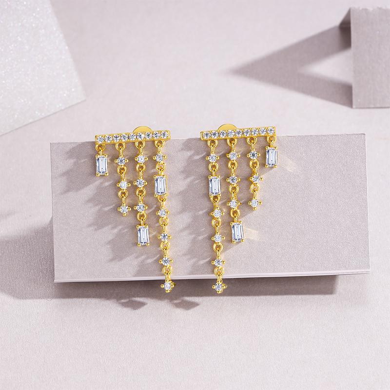 Bar Top Linear Dangle Earring with Graduated Chain Tassel 18K Gold Plated S925 Silver for Evening Party  Moissanite Earring