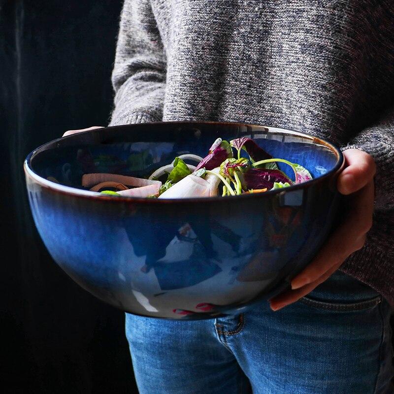 Ciotola da insalata in ceramica super grande da 2400 ml ciotola in porcellana blu vendita all'ingrosso rubinetto a sfera ciotola da tavola cena ciotola blu scuro ciotola profonda capacità ciotole | Ciotole