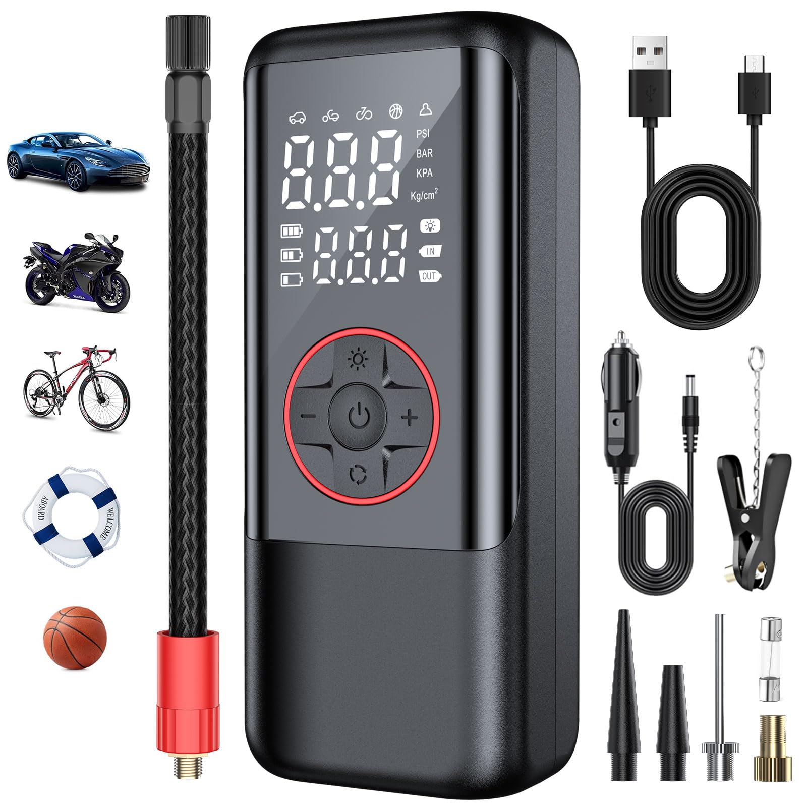 

Электрический насос для велосипеда для автомобилей и 7500 мАч Большой Компактный 150 PSI Максимум Совместимый с и Американский Включает Низкий Портативный Воздух и Японский чёрный