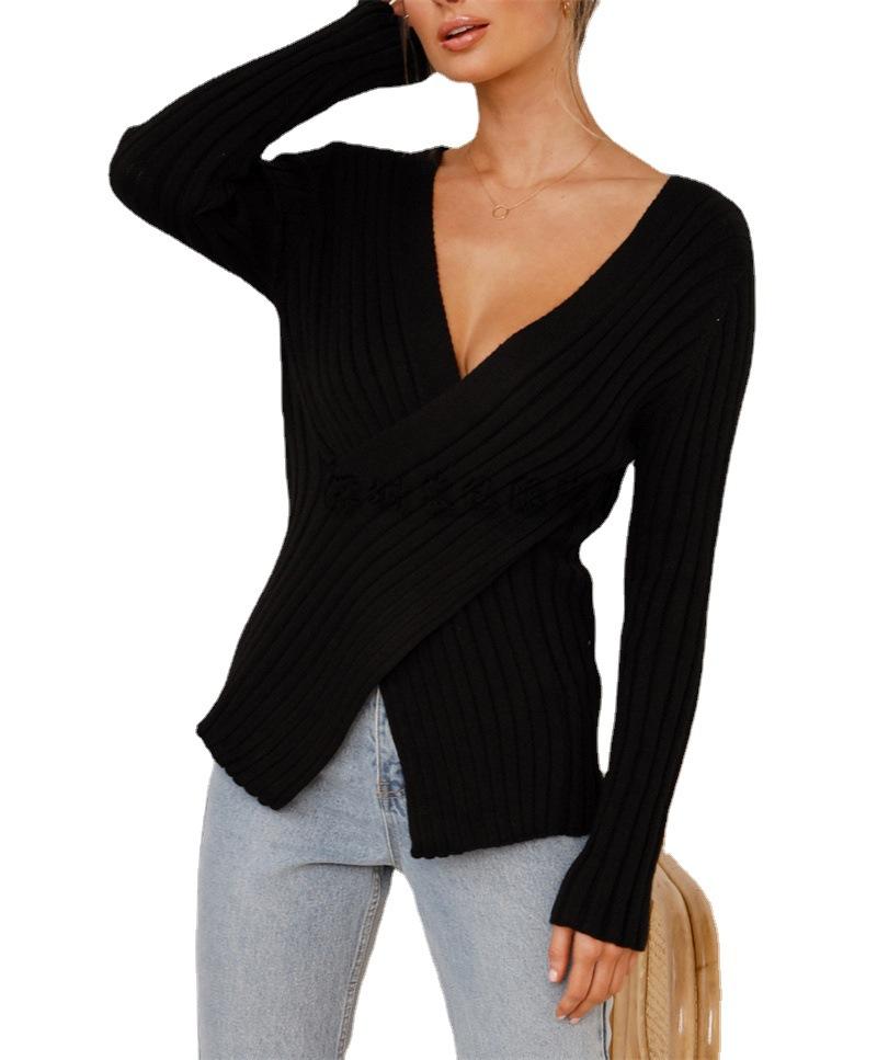 Solid Color Women's Clothing New Autumn and Winter Knitted Sweater Women's V-neck Pullover Crossed Sweater Women