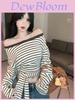 Tshirt Women Fall 2025 Oversize Striped Offshoulder Knit Top With Embroidery For Casual Wear