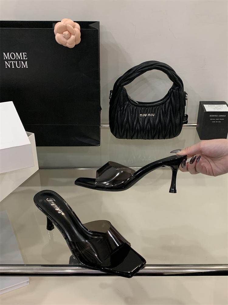 High-heeled cool slippers for women's 2025 summer new thin-heeled square-toed open-toed one-word slippers