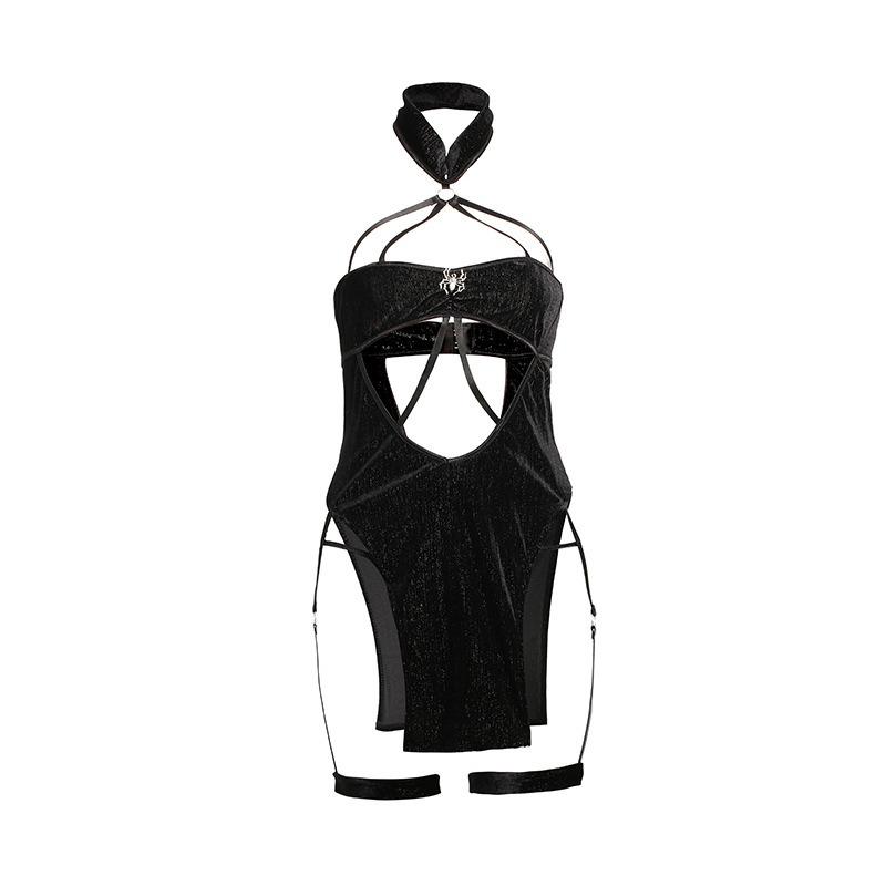Sexy lingerie hollow neck spider onesie split-ended cheongsam skirt backless suit uniform woman