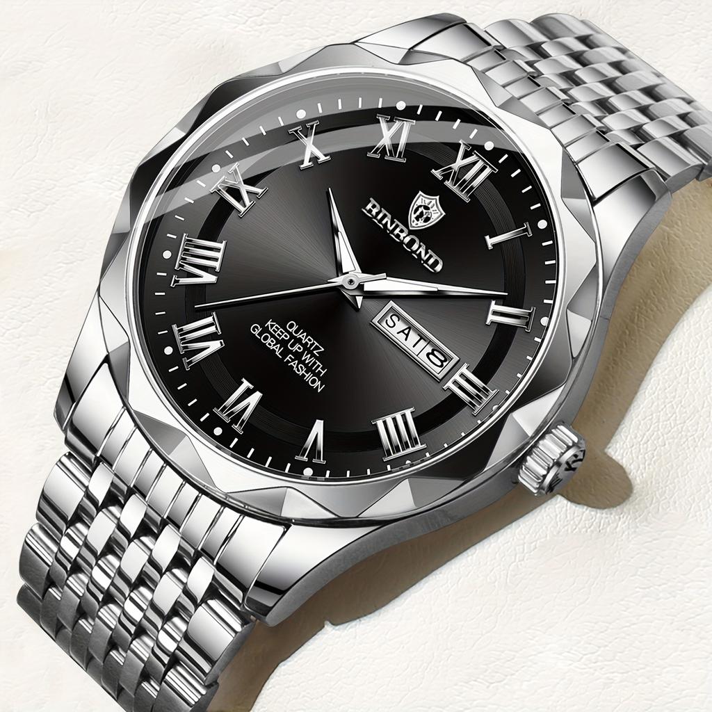 BINBOND Quartz Male Wristwatch Waterproof Luminous Date Week Watch for Men Stainless Steel Fashion Men's Watches Business Watch Casual Male Clock