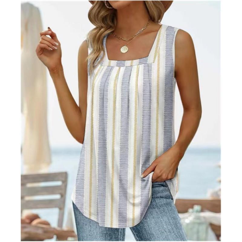 T-shirt da donna estiva senza maniche con scollo quadrato stampata, temperamentale, comoda, canotta larga