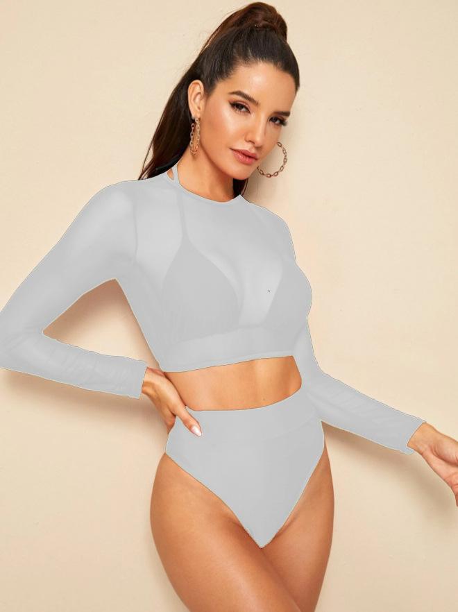Long-sleeved blouse, mesh bikini swimsuit, split high-waisted triangle three-piece swimsuit, high-waisted slimming S белый