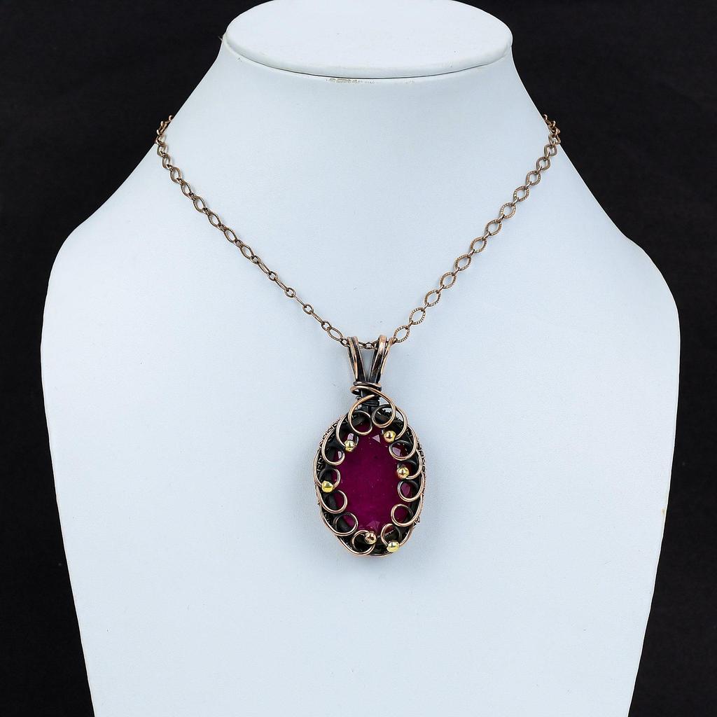 Kashmiri Red Ruby Gemstone Pure Copper Wire Wrapped Handmade Jewelry Pendant