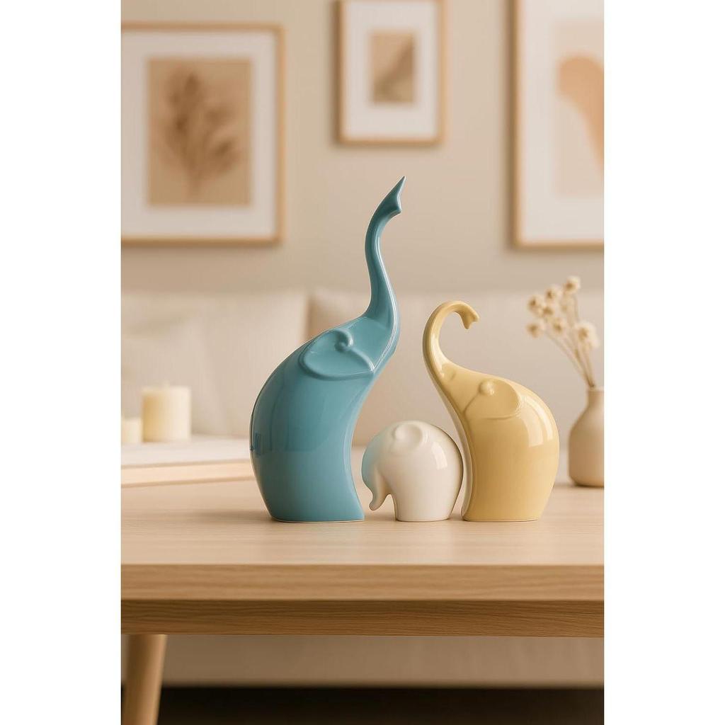 Beautiful Ceramic Multicolour 3 Pcs Elephant Family for Home Decor (Pack of 1, Multicolor)