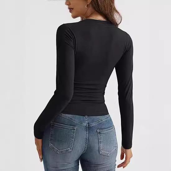 Stylish European & American Women's V-neck Long-sleeve Bodycon Milk Silk Top with High-end Feel