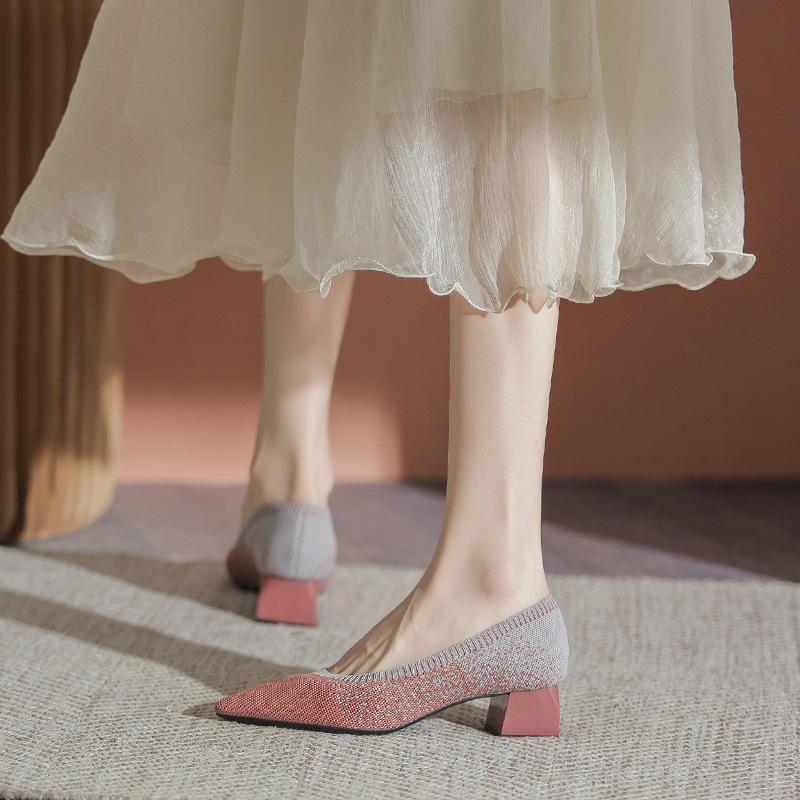 

Модные туфли-лодочки женские 2024 новые универсальные вязаные туфли толстые каблуки и острые носки легкие туфли из сетки 40 Zapatos De Mujer 40 розовый