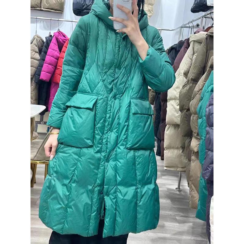 Literary retro loose large size long down jacket women's Chinese style slim fit hooded knee autumn and winter coat