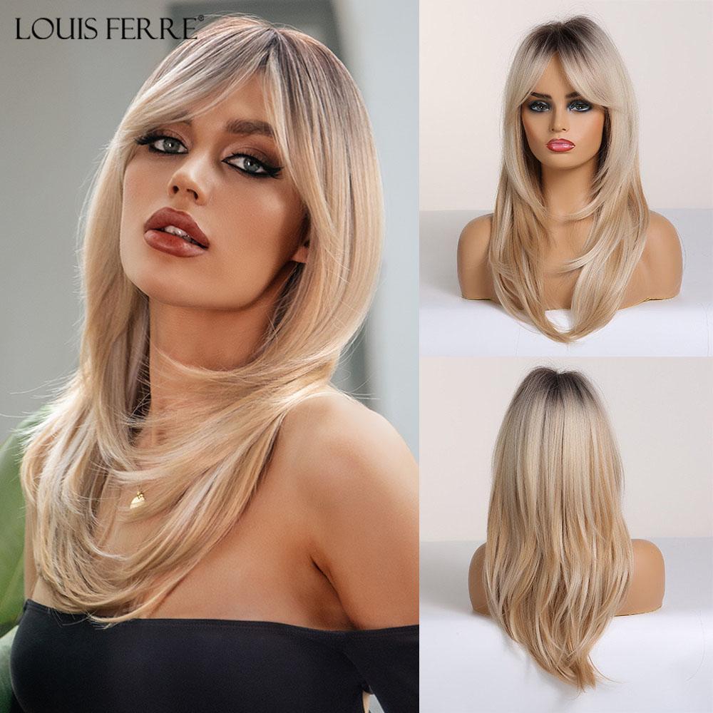 LOUIS FERRE Brown Base Blonde Highlights Medium Straight Layered Wig With Bangs Synthetic Hair Heat Resistant Women Daily Party