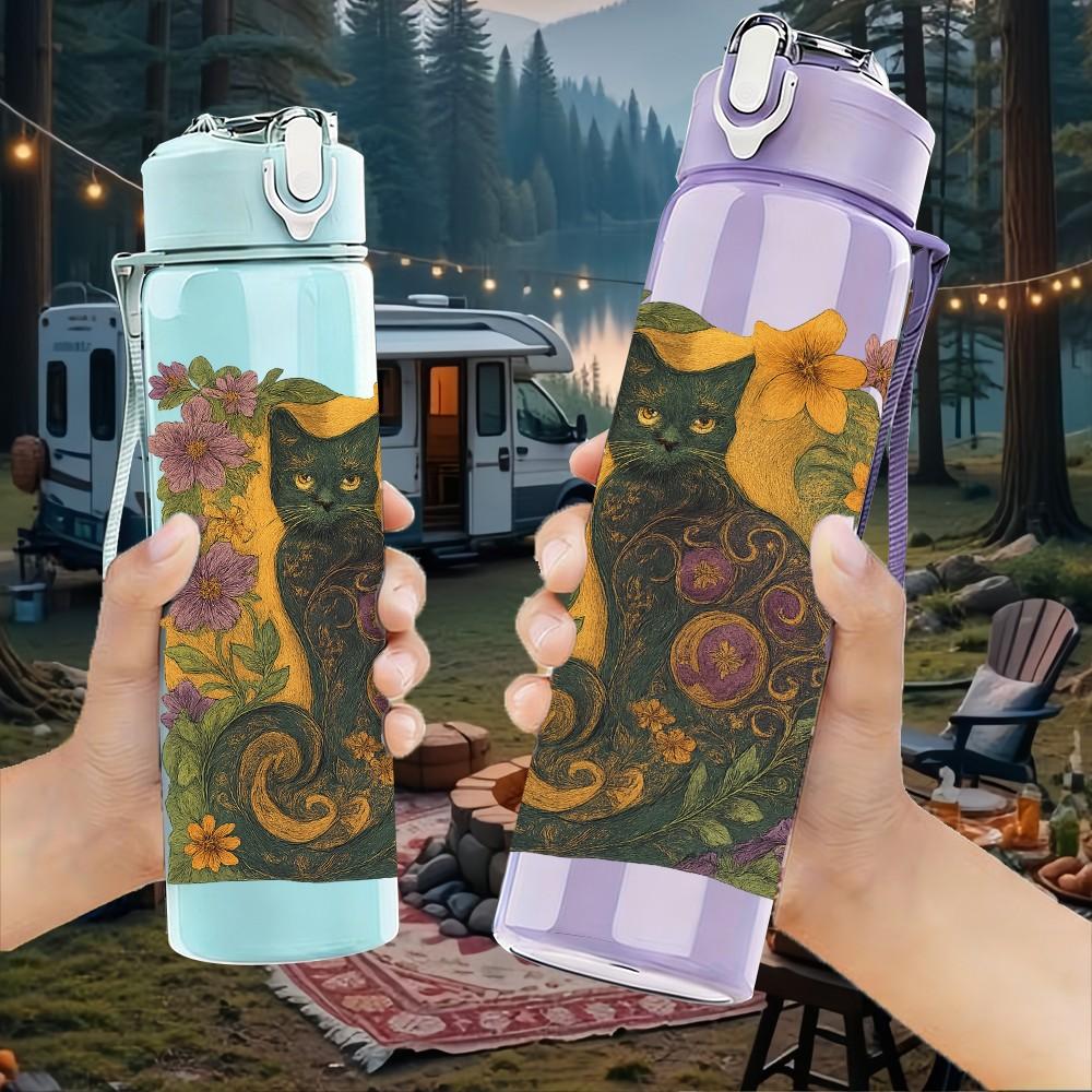 1PC Black Cat Wild Floral Frame 750ml Color Plastic Sports Water Bottle Leakproof Flip Straw Lid Suitable for Sports Office Home Use