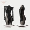 European and American Cosplay Party Women's Clothing Nightclub Models, Splicing Mesh See-through Long-sleeved Sexy Tight Black Onesie