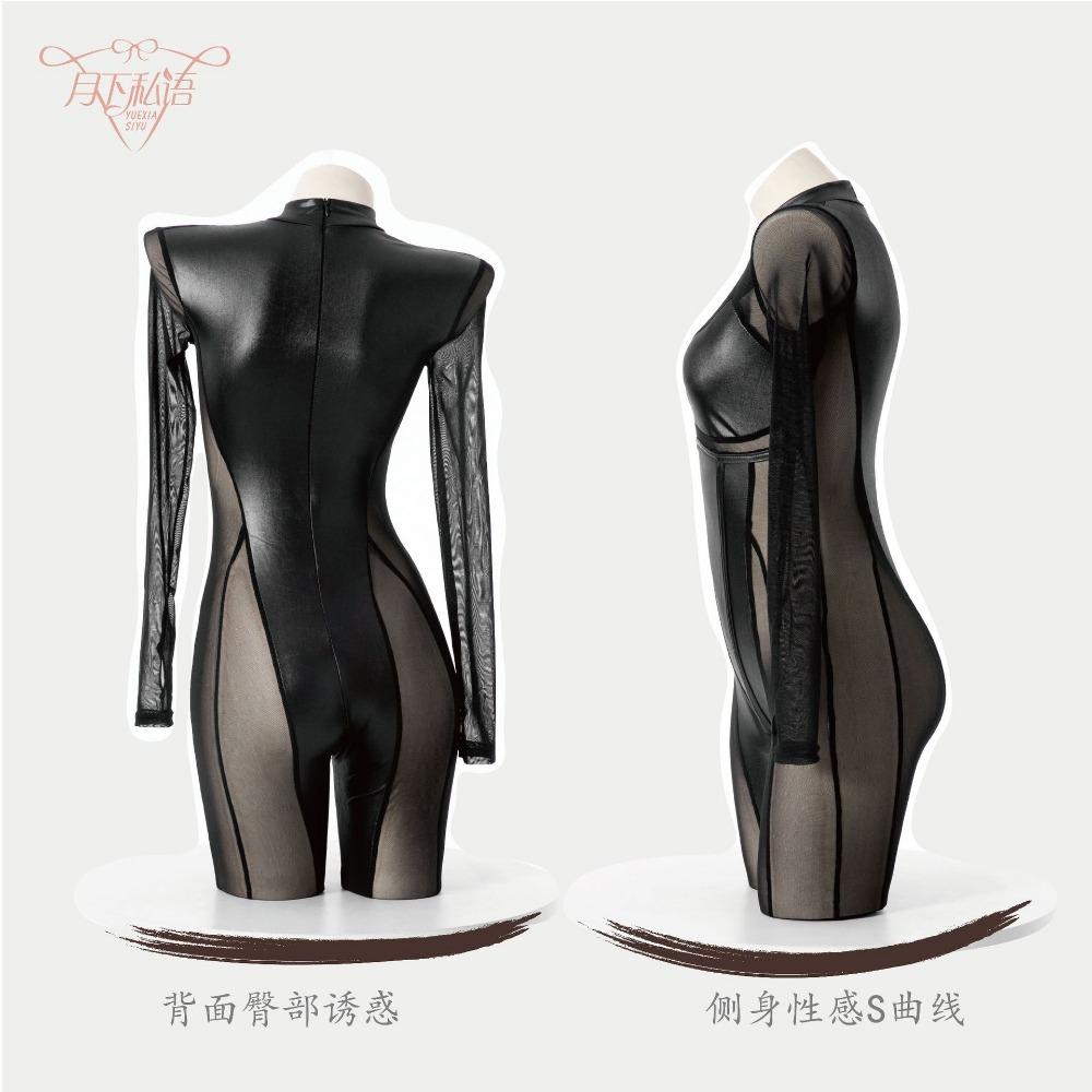 European and American Cosplay Party Women's Clothing Nightclub Models, Splicing Mesh See-through Long-sleeved Sexy Tight Black Onesie