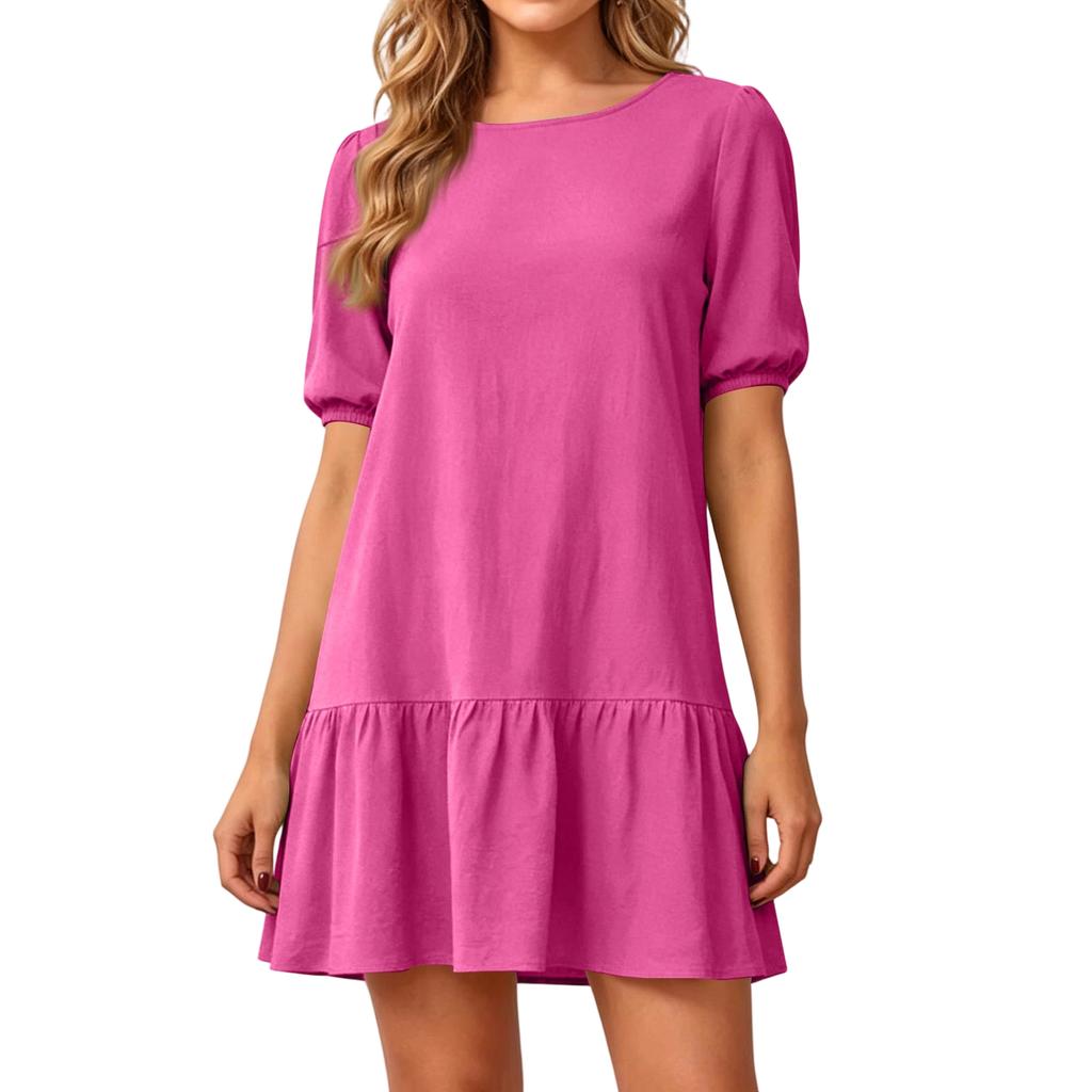 Women Short Sleeve Round Neck Cotton Linen Dress Loose Fit Pleated Hem Casual Midi Dress with Puff Sleeves for Daily Wear