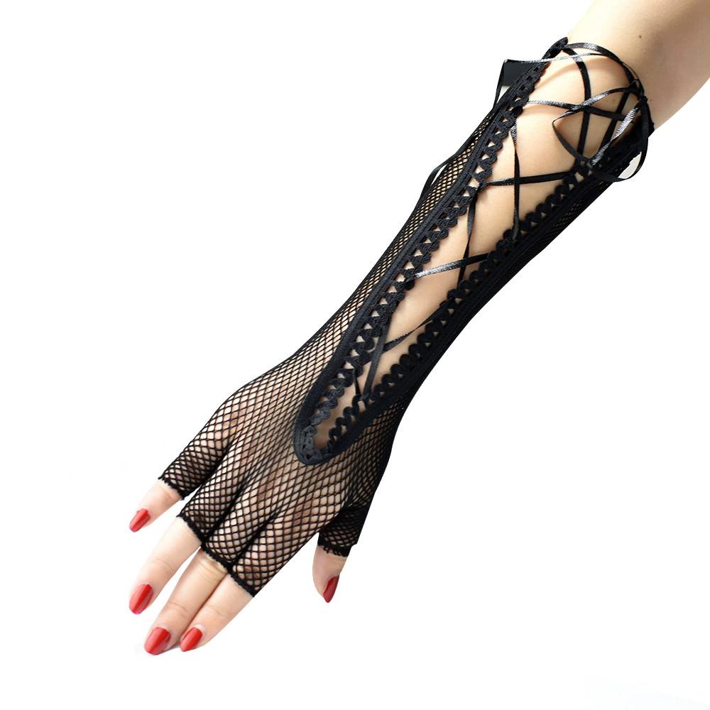 Lolita Strapping Fishnet Long Half-Finger Hand Gloves Cuff Women Men Sexy Mesh Black Punk Outdoor Stretchy Mittens