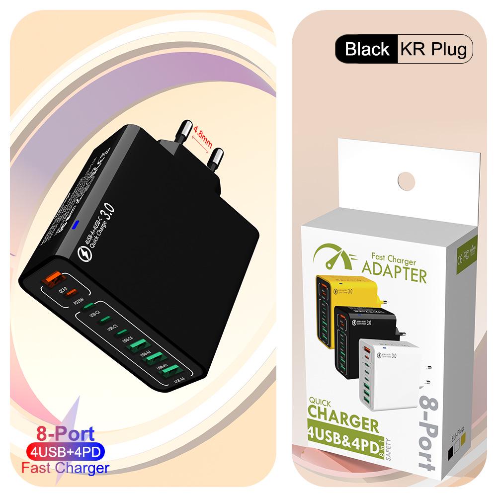 Fast 8-Port Charger: 4 USB, 4 PD, 55W, QC3.0 – Compatible with European, American, Korean Standards