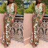 Elegant V-Neck Printed Satin Slim Fit Sleeveless Split Hem Maxi Dress Women