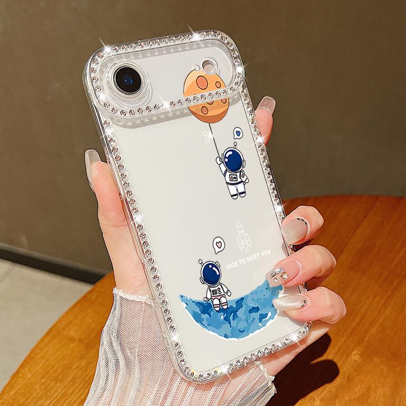 Cute Astronaut Printed Bling Diamond Case For iPhone 17 Air 16e 16 14 15 13 17 Pro Max 15 16 Plus 17 Soft Silicone Phone Cover