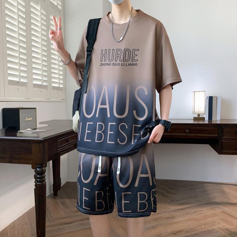 

Мужская повседневная свободная футболка Ice Silk с круглым вырезом и короткими рукавами, шорты, комплект из двух предметов 4XL темно-коричневого