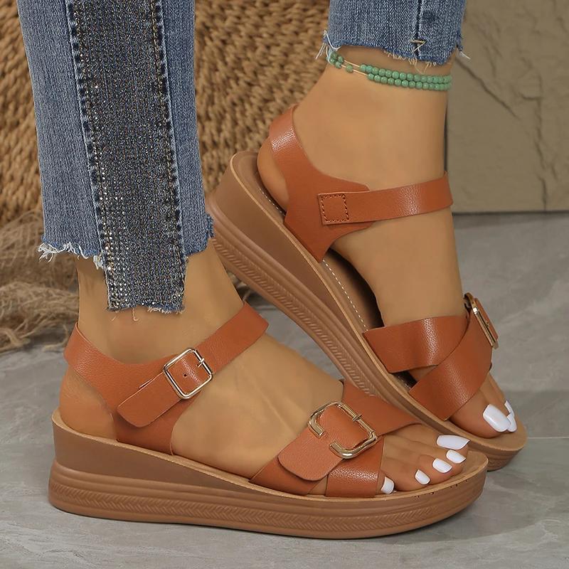 Fashion Buckle Design Wedge Platform Sandals Woman Ankle Strap Thick Bottom Sandles for Women Summer 2025 Non Slip Rome Sandalias Mujer
