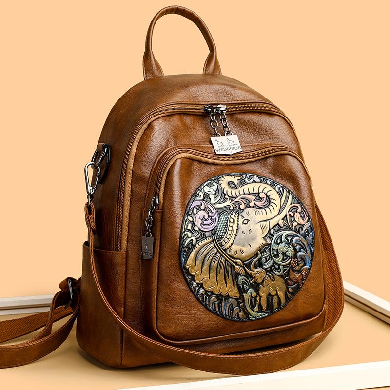 Female Embroidered Backpack Multi-Use Leather Backpack Student Schoolbag