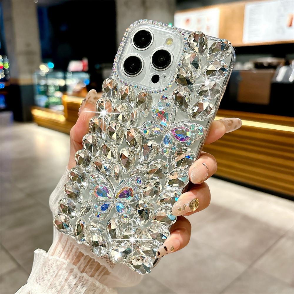 Luxury Glitter Rhinestone Butterfly Case for 17 Pro Max/16/15/14/13/12/11 Full Bling Diamond Cover Funda 15 Pro/14 Pro