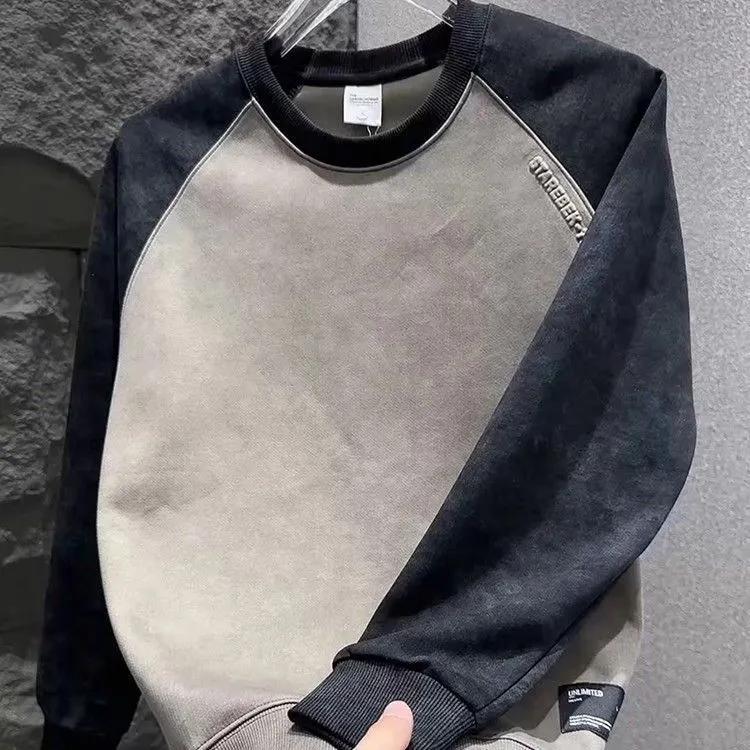 Men's Spring/Fall Color-Block Tie-Dye Round-Neck Sweatshirt with Patchwork Letters—Simple, Versatile Long-Sleeve Pullover
