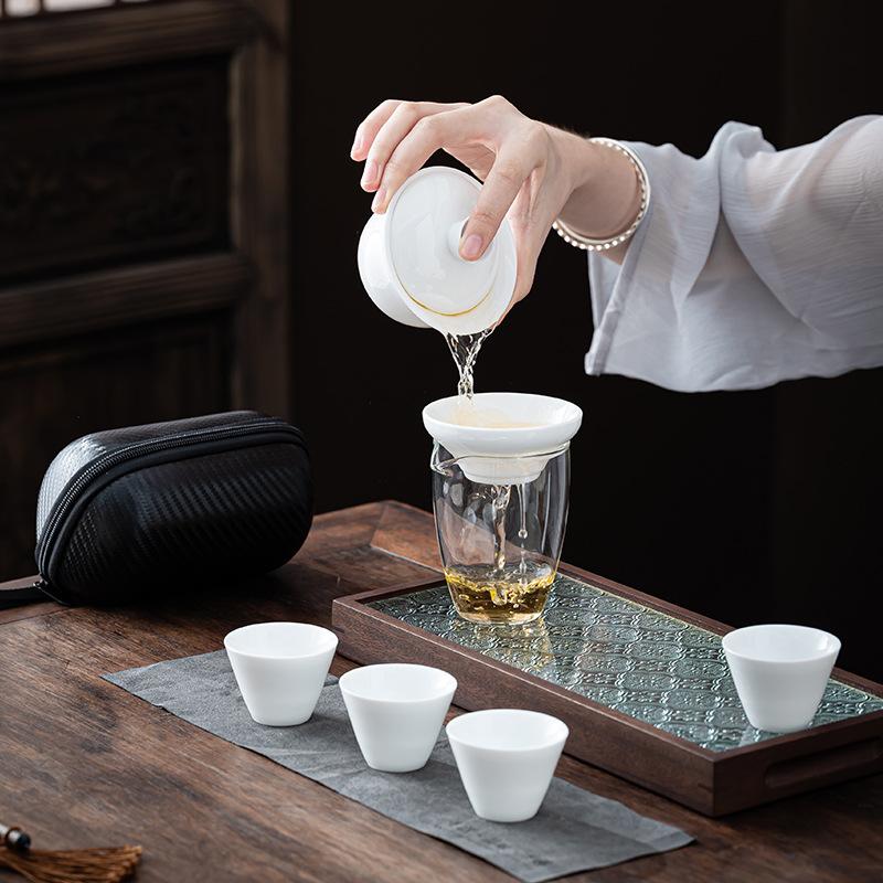 White Porcelain Tea Set, Portable Express Cup, One Pot, Four Cups, Portable Tea Pot, Tea Cup Small Set, Outdoor Travel Tea Set