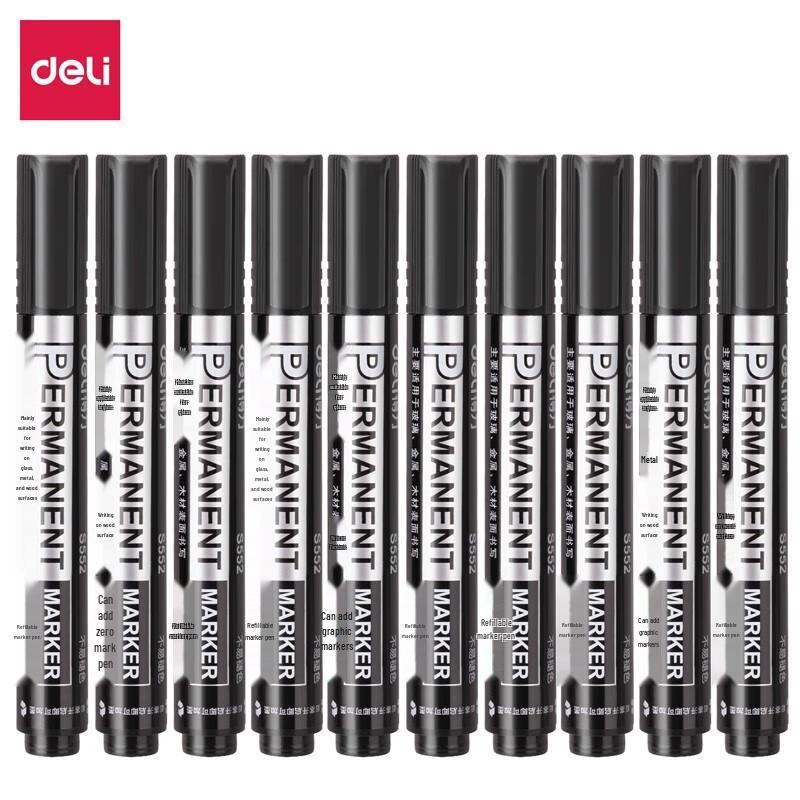 Deli S552 Black Broad Tip Refillable Oil-Based Marker Pens (10-Pack)