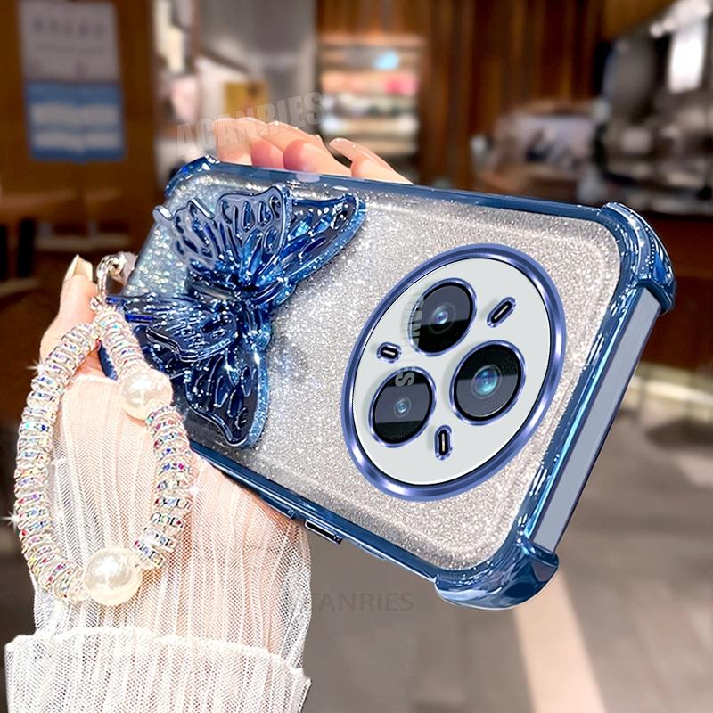 

Realme14pro Шнурок Покрытие Блеск Бабочка Держатель Силиконовый Чехол Для Oppo Realme 14 Pro Plus 14pro Ударопрочная Подставка Задняя Крышка Realme 14 Pro