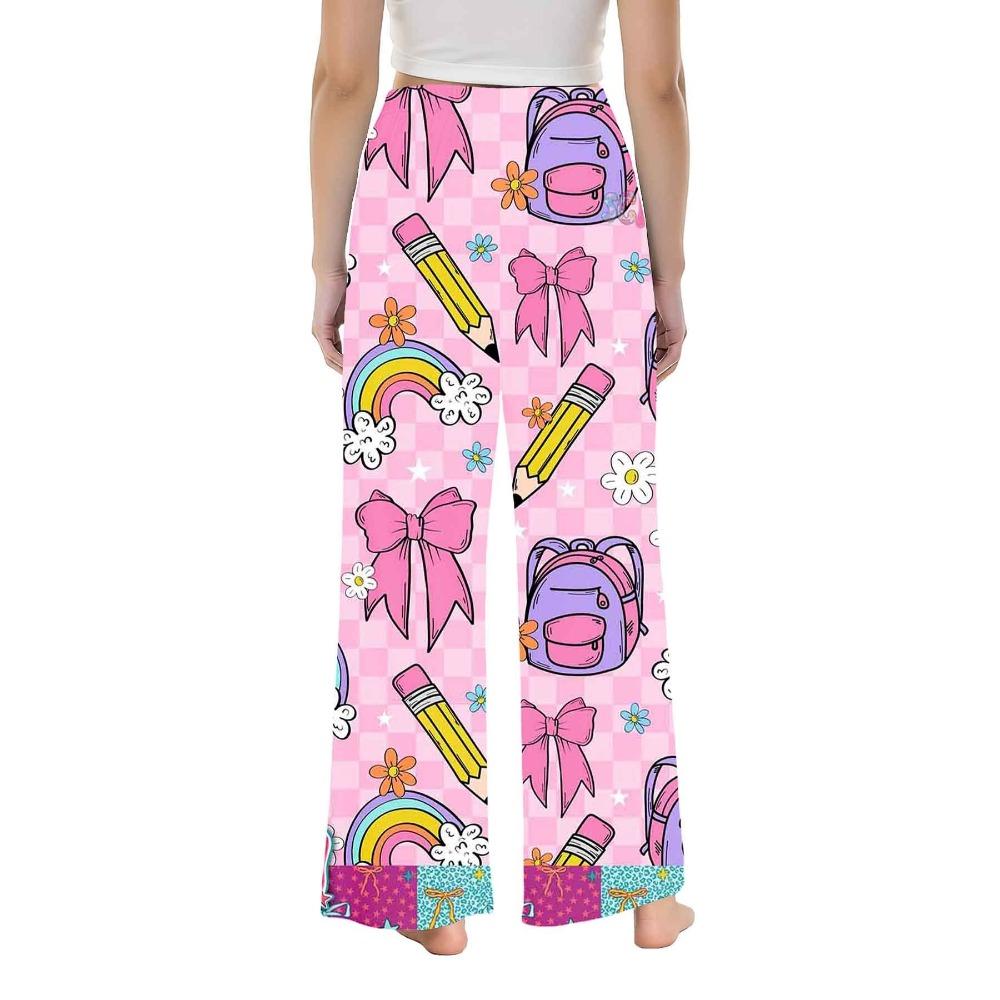Women's elastic drawstring wide-leg trousers, pink grid bow, rainbow schoolbag, cartoon full print casual home pants