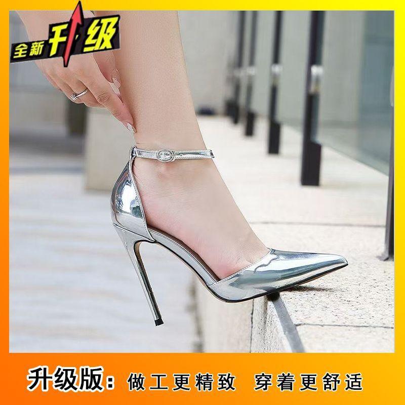 Fashion versatile temperament one-word buckle with high heels 2025 summer new pointed head shallow mouth thin heel hollow sandals women