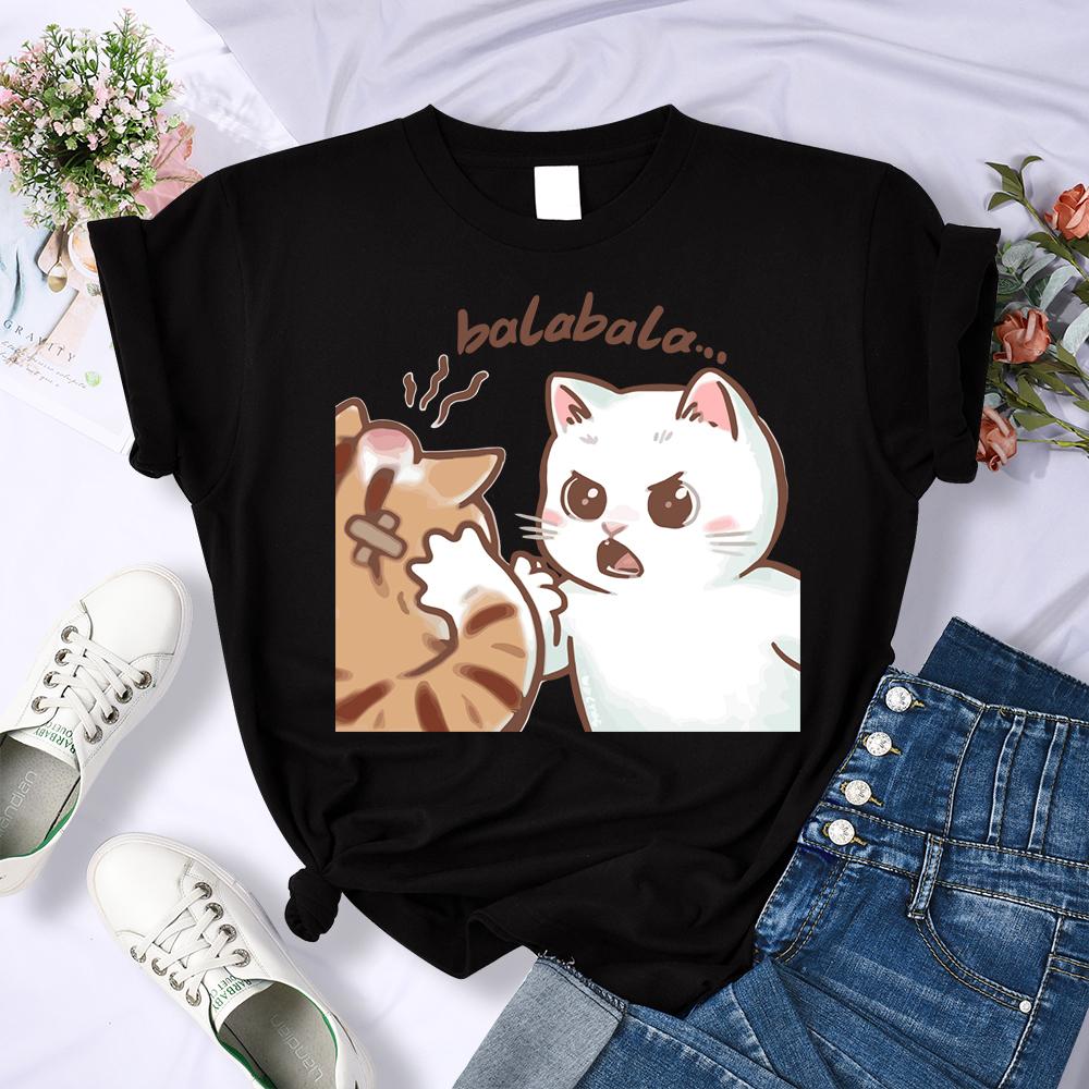 Summer Fun Two Cats Arguing 3D Printed Female T-Shirt Summer O-Neck T Shirt Womens Fashion All-Match Clothing Soft Hip Hop Sportswear
