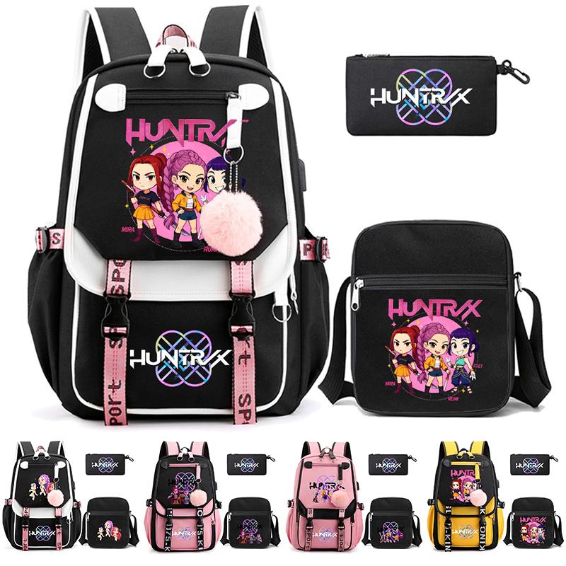 3Pcs/set K-pop Demon Hunters Printed Backpack with Shoulder Bag Pencil Case for Teenager Girl Boy Bookbag Large Capacity Travel Bag Kid Gift Rucksak