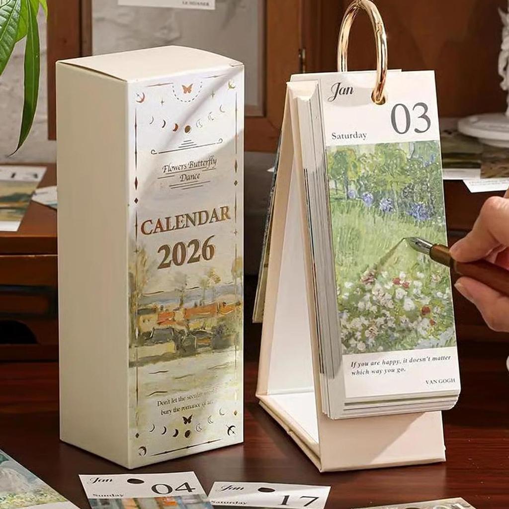 Retro European Style Oil Painting Calendar 2026 Table Calendar Mini desktop calendar Office Supplies Elegant Gift For Girlfriend