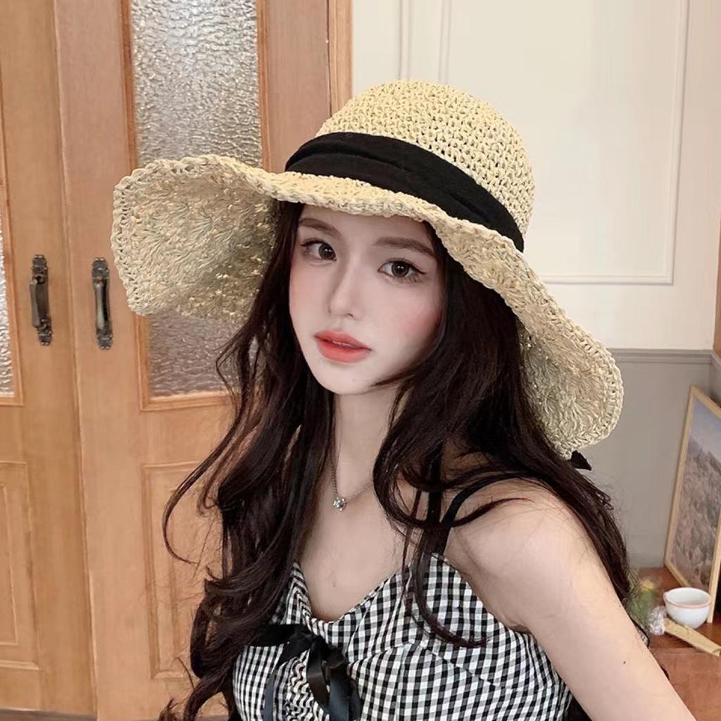 New Japanese Straw Hat Women's Summer Lace-up Large Brim Beach Hat Foldable Vacation Cool Hat Sun Protection Visor Hat