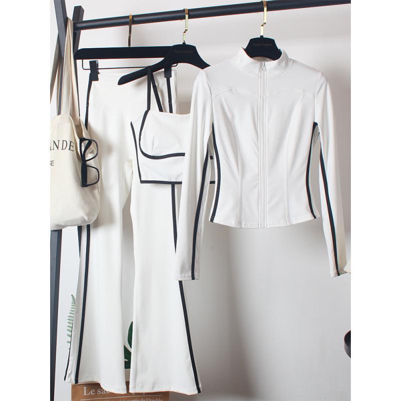 Damen Yoga Sportbekleidungsset: Hochtaillierte Schlaghosen, Schlankmachend, Tanz, Laufen, Reißverschluss, Dreiteilig für Herbst/Winter.