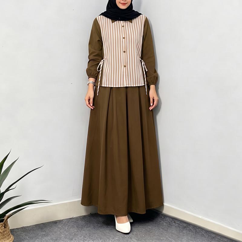 ZANZEA Women Long Sleeve Stripe Blouse and Long Skirts Casual Two Piece Sets