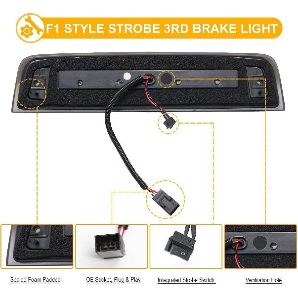 R&F Auto LED Strobe Third Brake Light Compatible With Ram 1500 2500 3500 4500 5500, 2010-2018, F1 Style Red Flash Smoked High Mounted Stop Lights