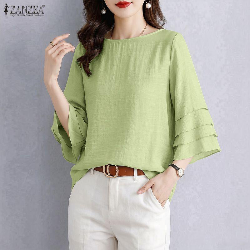 ZANZEA Blusa da Donna Casual Girocollo Monocolore con Volant Manica 3/4 Larga