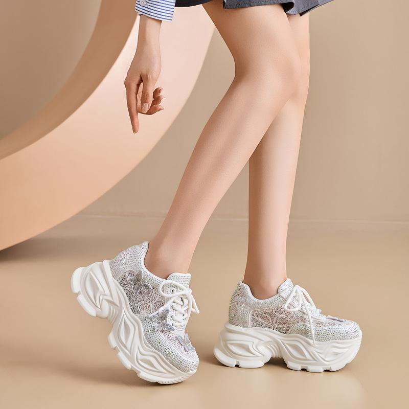 Inner Height Increase Thick Sole Super Fire Explosion Butterfly Single Net Rhinestone Dad Shoes Women's Spring 2025 New Casual Shoes Tide