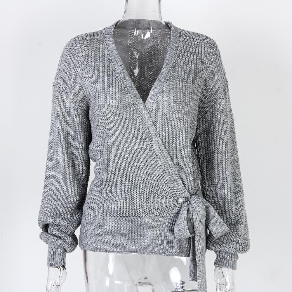 Clearance Casual V-neck Tie-up Knot Knit Sweater for Women - Autumn/Winter European and American Style