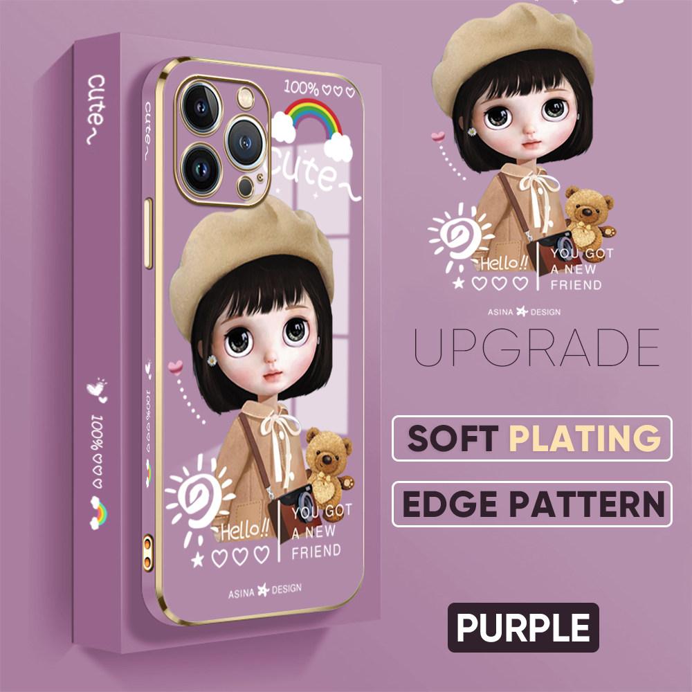 For iPhone 16 15 Max Samsung S24 S23 Plus A15 A35 A53 A73 Xiaomi 11T 12T 13T Redmi 13C Cute Girl Pattern Soft Plated TPU Shockproof Phone Case