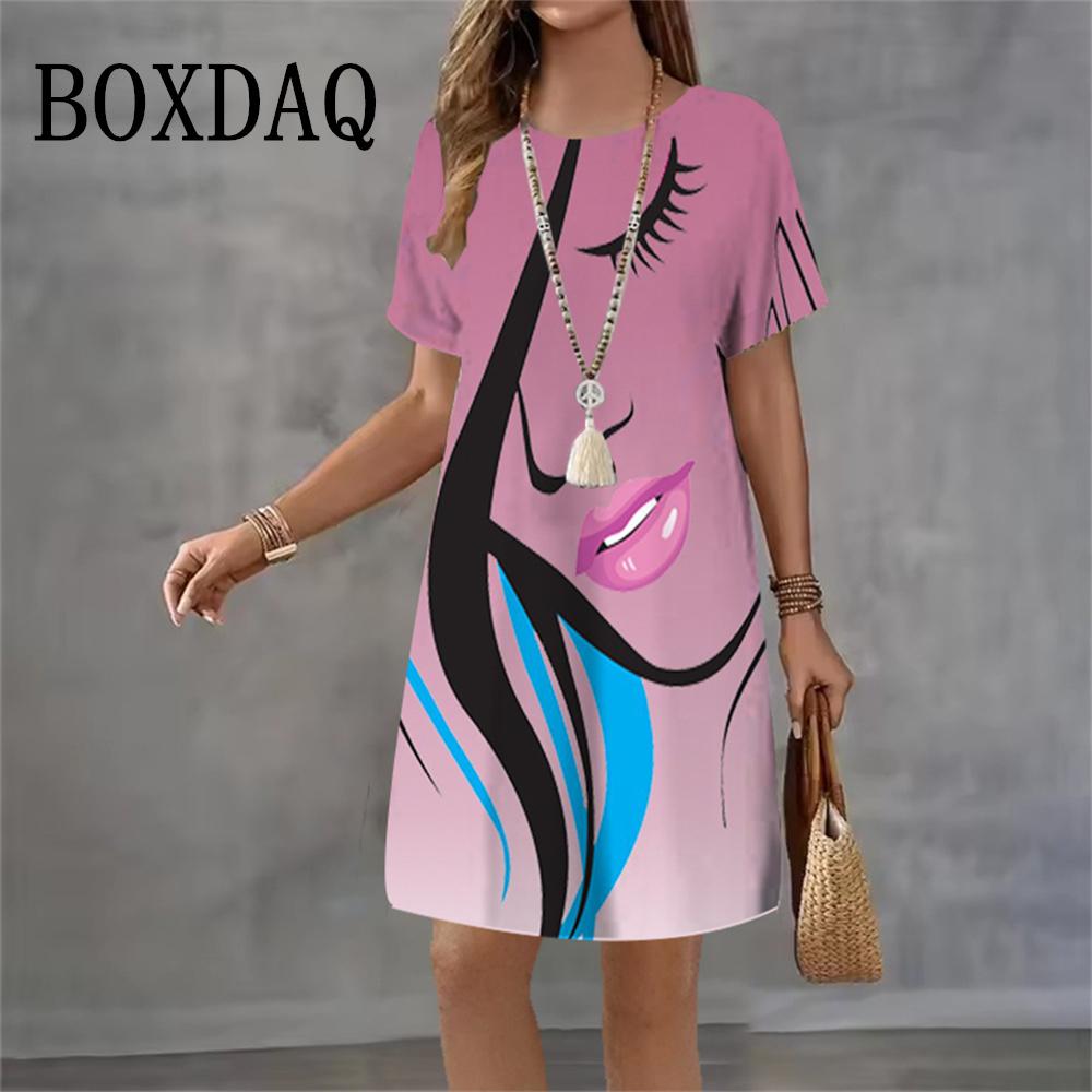 Abstract Painting Face Dresses Women 2026 New Fashion Streetwear Gradient 3D Print Short Sleeve Dress Summer Casual Loose Dress