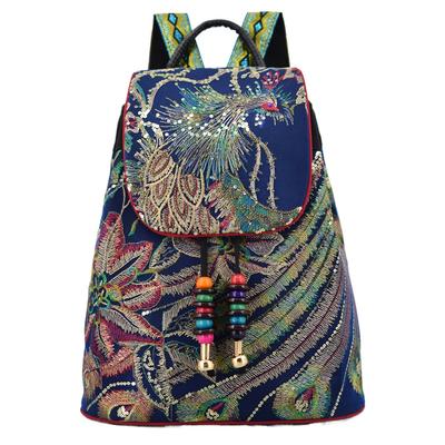 Damen Ethnisch Bestickter Canvas Rucksack, Vielseitige Pendler Reise Eimer Tasche