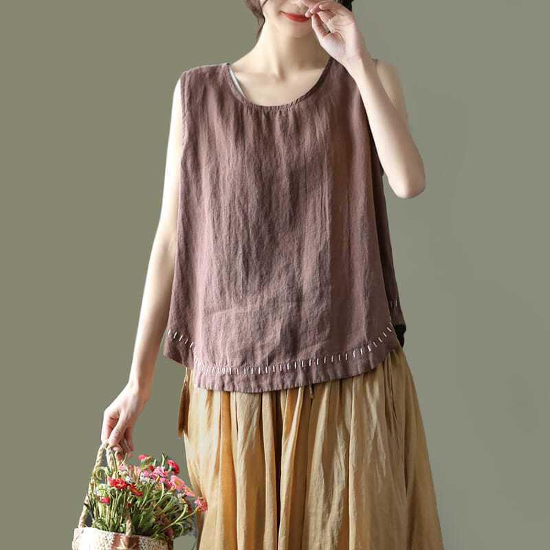 

Plus Size Embroidered Cotton Linen Sleeveless T-shirt - Women s Casual Summer Top L